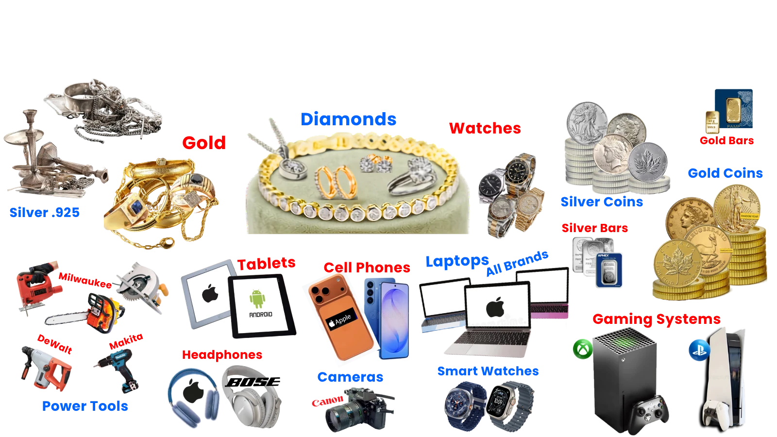 Secure loans with these assets - We also buy these items - Silver .925, gold, gold bars, diamonds, watches, silver coins, gold coins, tablets, cell phones, power tools, gaming systems, cameras, headphones, smart watches, laptops